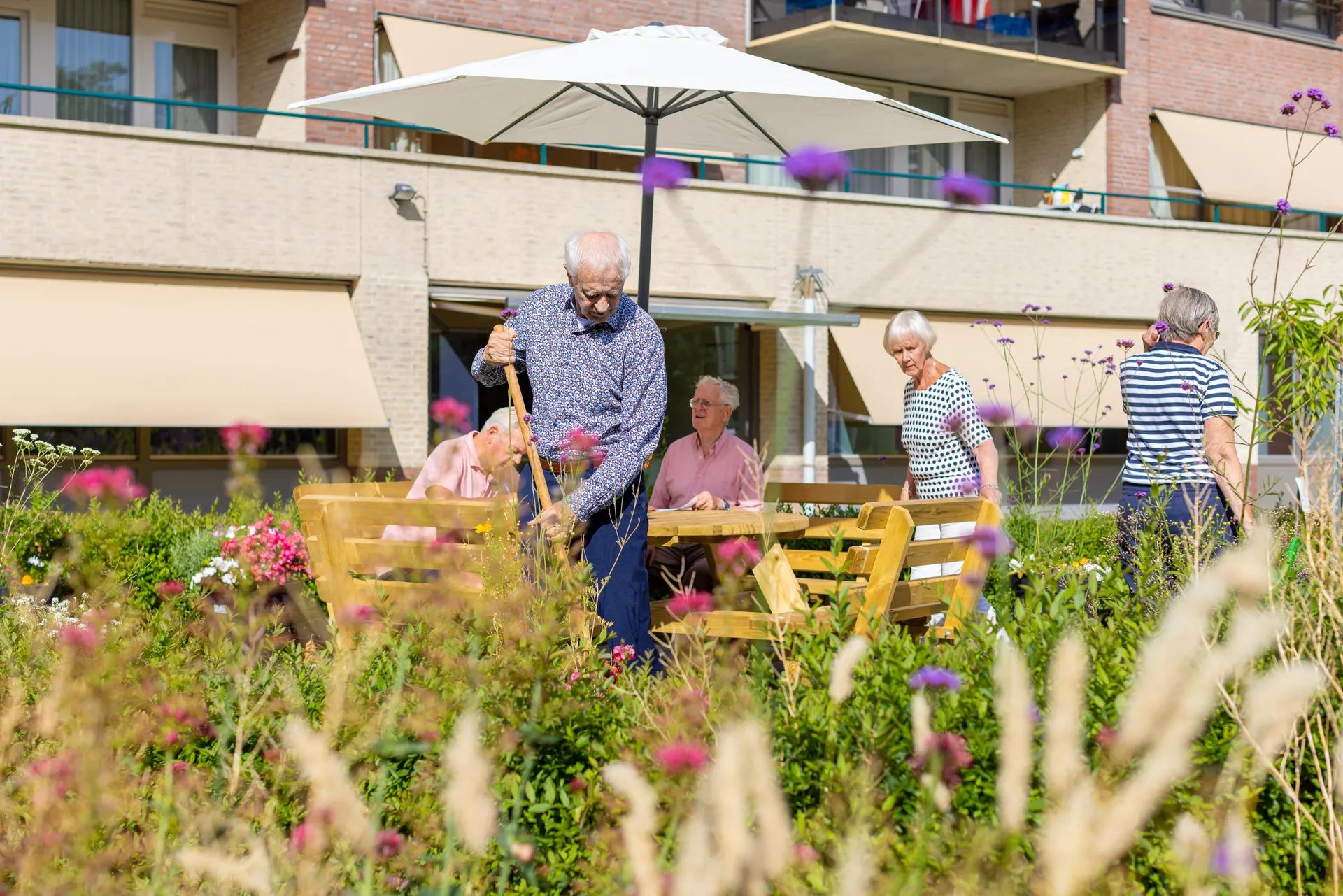 Vrijwilligers aan het werk in de tuin